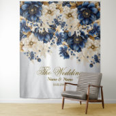 Huwelijk Marine Blauw Wit Gouden Bloemen Zilver Wandkleed (In situ)