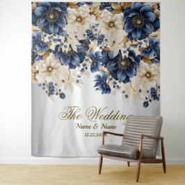 Huwelijk Marine Blauw Wit Gouden Bloemen Zilver Wandkleed