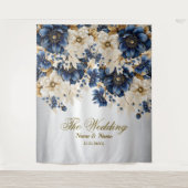 Huwelijk Marine Blauw Wit Gouden Bloemen Zilver Wandkleed (Voorkant)
