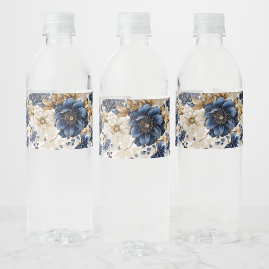 Huwelijk Marine Blauw Wit Gouden Bloemen Zilver Waterfles Etiket (Flessen)