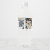 Huwelijk Marine Blauw Wit Gouden Bloemen Zilver Waterfles Etiket (Achterkant)