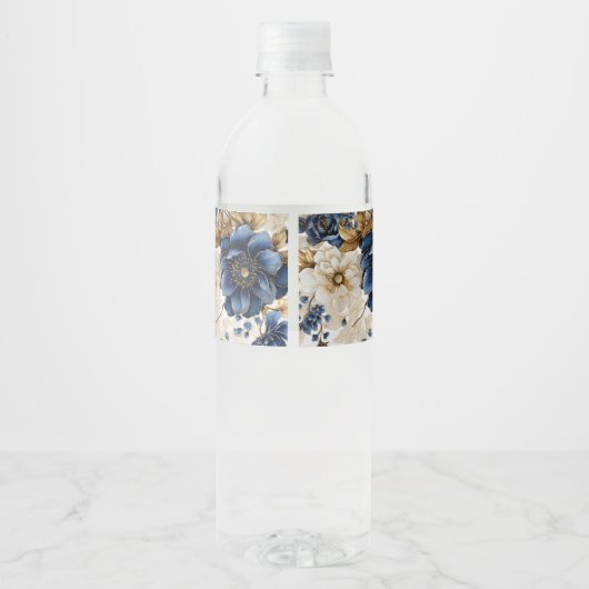 Huwelijk Marine Blauw Wit Gouden Bloemen Zilver Waterfles Etiket (Achterkant)