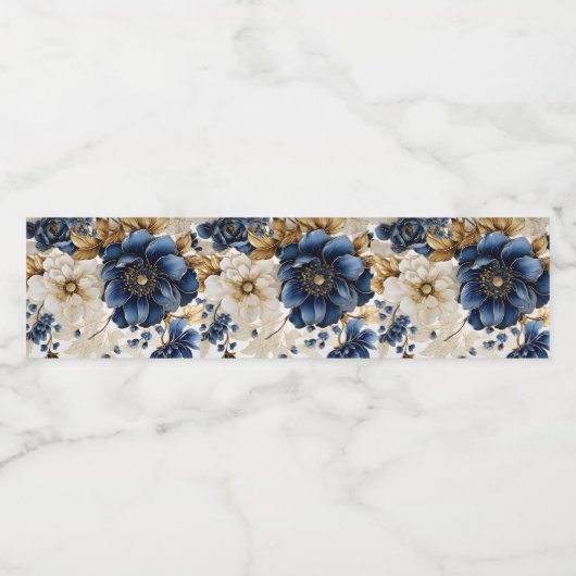 Huwelijk Marine Blauw Wit Gouden Bloemen Zilver Waterfles Etiket (Enkel label)