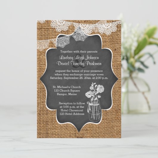 Huwelijk | Mason Jar, Lace, Burlap | Chalkboard Kaart (Staand voorkant)