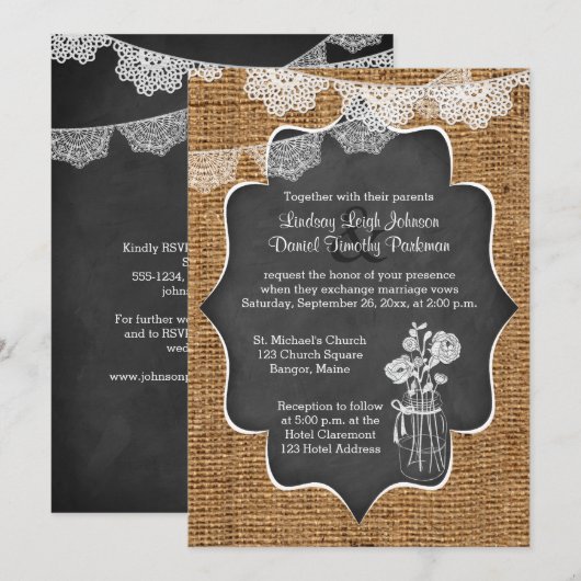 Huwelijk | Mason Jar, Lace, Burlap | Chalkboard Kaart (Voorkant / Achterkant)