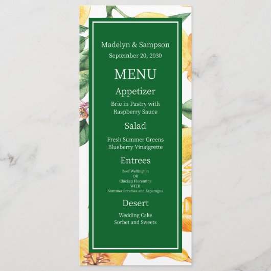Huwelijk Mediterraan Italië Griekenland Lemon Flat Menu (Voorkant)