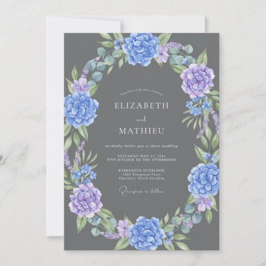 Huwelijk met Houtskool Violet Hydrangea Eucalyptus Kaart (Voorkant)