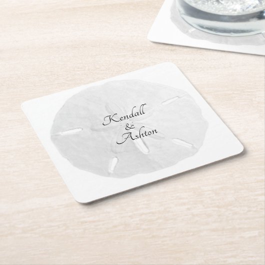 Huwelijk met witte zanddollar aangepaste tekst kartonnen onderzetters (Schuin)
