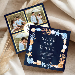 Huwelijk met zee-thema foto collage in marineblauw save the date