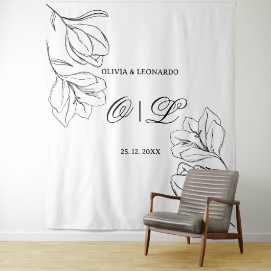 Huwelijk Minimale zwart-wit bloemenachtergrond Wandkleed (In situ)