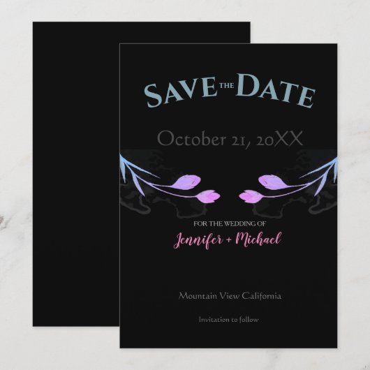 Huwelijk Minimalist Chic Zwart Bloemen Save The Date (Voorkant / Achterkant)