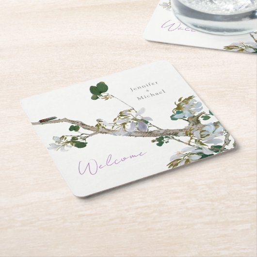 Huwelijk minimalistische kalligrafie bloemenlithog kartonnen onderzetters (Schuin)