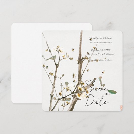 Huwelijk Minimalistische kalligrafie Floral Save The Date (Voorkant / Achterkant)
