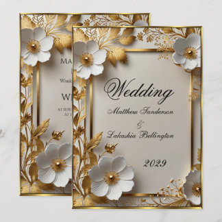 Huwelijk Mooie Gouden Witte Bloemen Modern Kaart