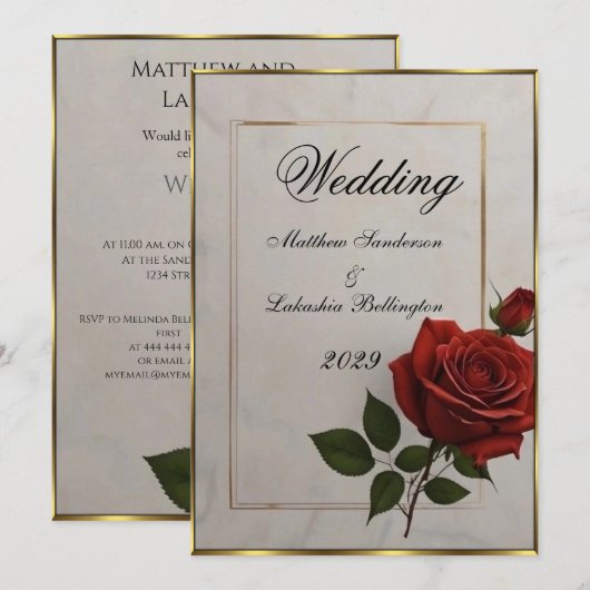 Huwelijk Mooie Rode Roos bloem goud Uitnodiging (Voorkant / Achterkant)