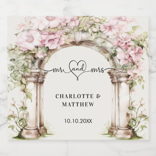Huwelijk mr. hart script roze bloemen boog sparkling wijnetiket (Enkel label)