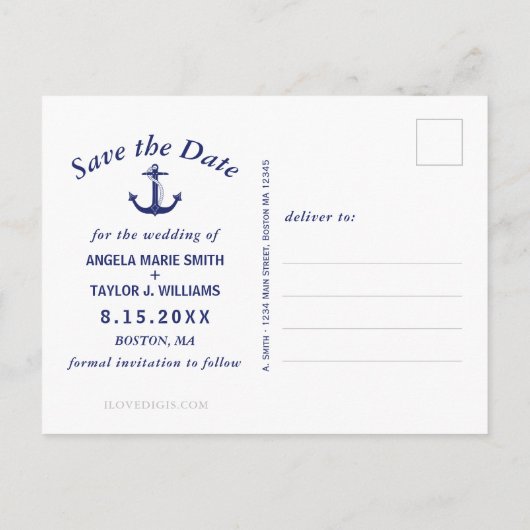 Huwelijk Nautisch Anker Foto Marine Blauw Aankondigingskaart (Achterkant)