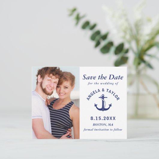 Huwelijk Nautisch Anker Foto Marine Blauw Aankondigingskaart (Staand voorkant)