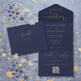 Huwelijk Navy Blauwe En Gouden QR Code Trouwdag All In One Uitnodiging