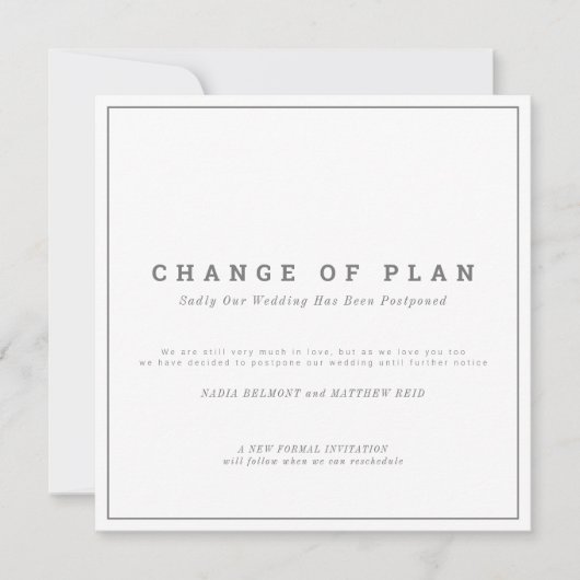 Huwelijk of evenement planwijziging uitgesteld save the date (Voorkant)
