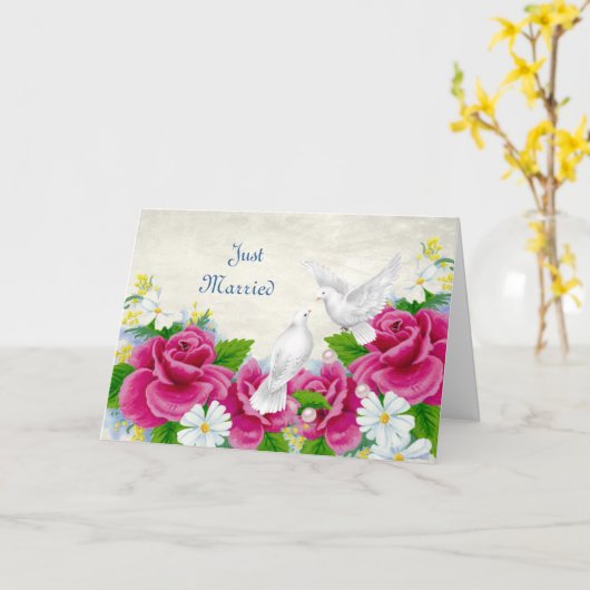 Huwelijk of Jubileum - Duiven Rozen net getrouwd Kaart (Gele Bloem)