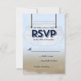 Huwelijk op het strand witte houten bord RSVP antw Kaartje