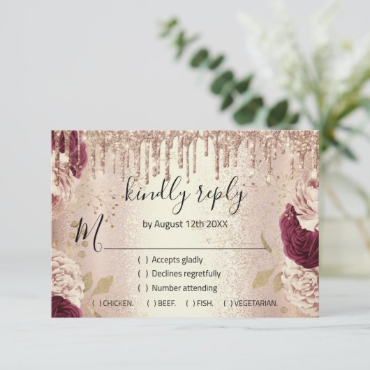 Huwelijk RSVP Glitter Bruid Roze Goud Druppels Bur (Staand voorkant)