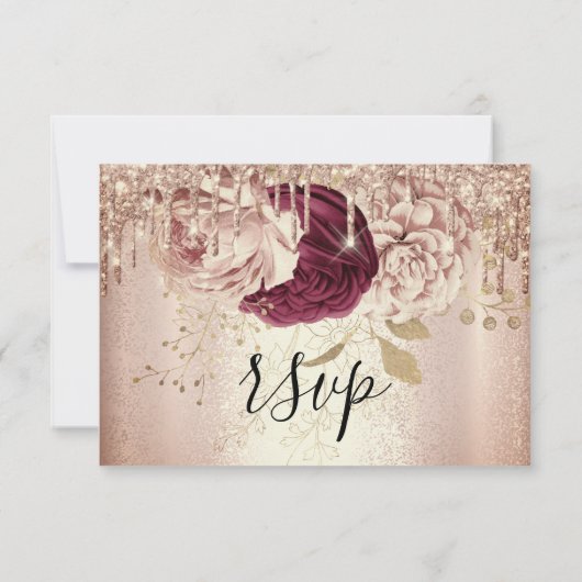 Huwelijk RSVP Glitter Bruid Roze Goud Druppels Bur (Achterkant)