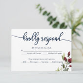 Huwelijk RSVP Kaart Bourgondië Navy Blue Floral (Staand voorkant)