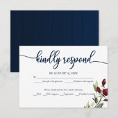 Huwelijk RSVP Kaart Bourgondië Navy Blue Floral (Voorkant / Achterkant)