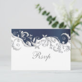 Huwelijk RSVP Kaart Navy Blauw & Wit Bloemen Werve (Staand voorkant)