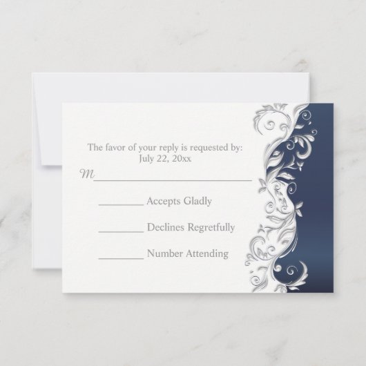 Huwelijk RSVP Kaart Navy Blauw & Wit Bloemen Werve (Achterkant)