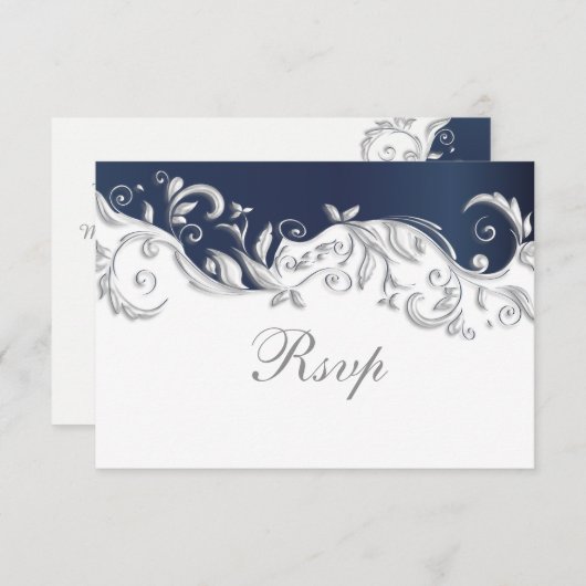 Huwelijk RSVP Kaart Navy Blauw & Wit Bloemen Werve (Voorkant / Achterkant)
