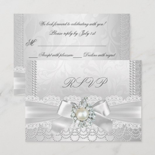 Huwelijk RSVP Witte Parel Kant Damast Diamant (Voorkant / Achterkant)