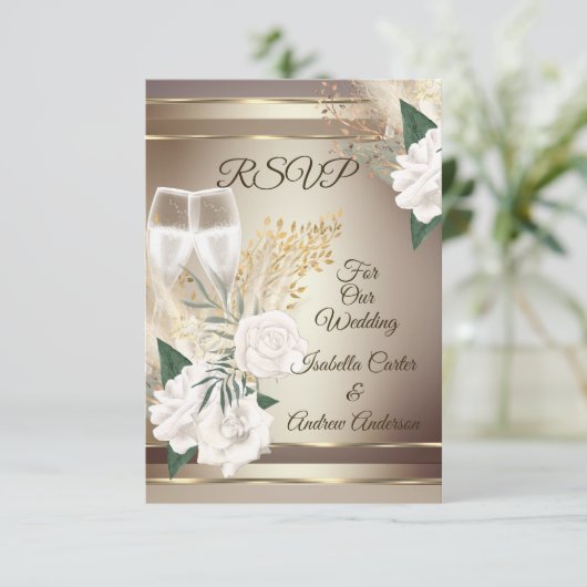 Huwelijk RSVP Witte Roos Champagne Goud Brons Kaart (Staand voorkant)