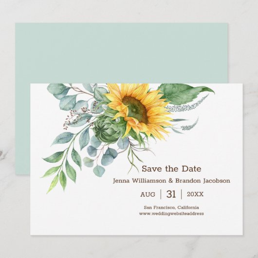 Huwelijk Rustieke Zonnebloem Save The Date Green (Voorkant / Achterkant)