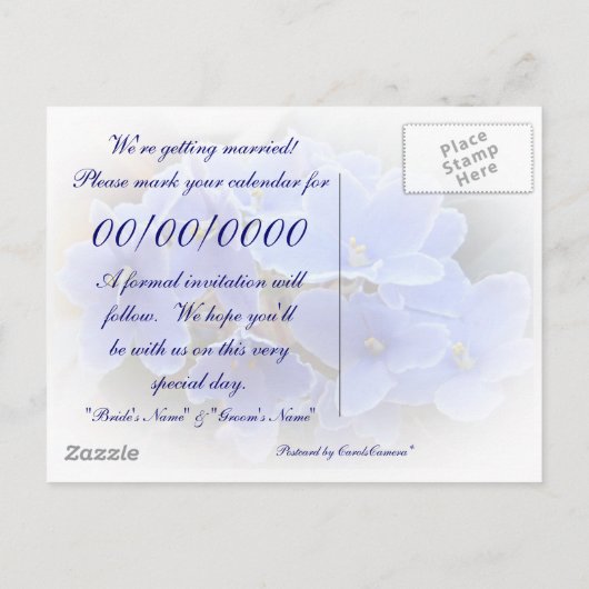 Huwelijk "Save the Date" Blauwe Afrikaanse viooltj Aankondigingskaart (Achterkant)