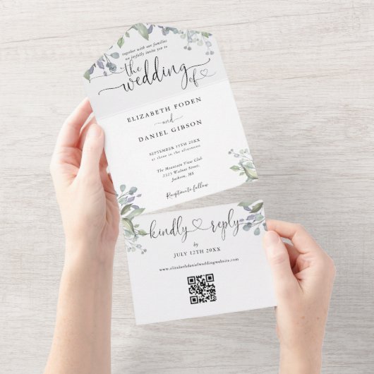 Huwelijk Script Harten Bloemgroen QR Code All In One Uitnodiging (Afscheurbaar)