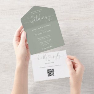 Huwelijk Script Harten Salie Groen QR Code All In One Uitnodiging