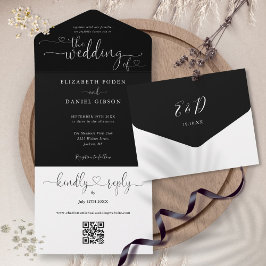 Huwelijk Script Harten Zwart en Wit QR Code All In One Uitnodiging