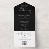 Huwelijk Script Harten Zwart en Wit QR Code All In One Uitnodiging (Binnen)