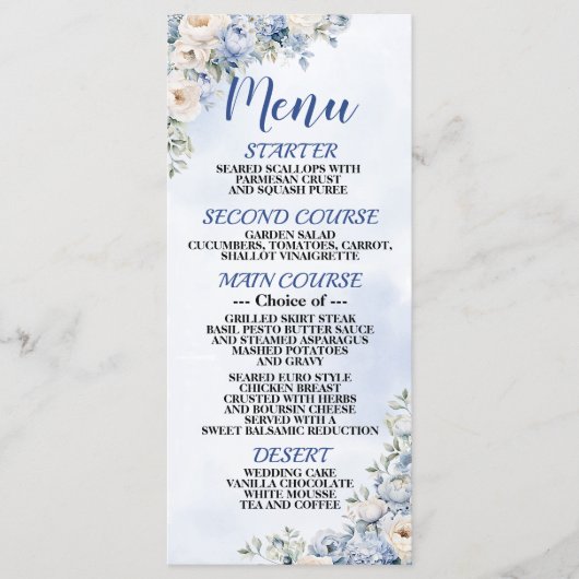 Huwelijk Stoffig Blauw Waterverf Ivoor Bloemen Din Menu (Voorkant)