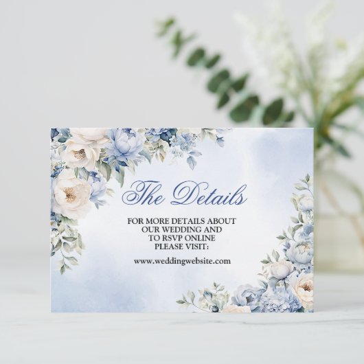 Huwelijk Stoffig Blauw Waterverf Ivoren Bloemen Bl Informatiekaartje (Staand voorkant)