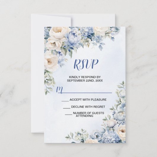 Huwelijk Stoffig Blauw Waterverf Ivoren Bloemen Bl RSVP Kaartje (Voorkant)