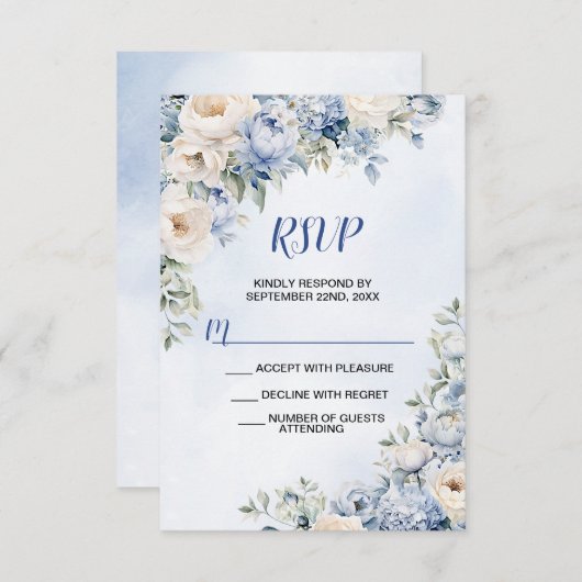 Huwelijk Stoffig Blauw Waterverf Ivoren Bloemen Bl RSVP Kaartje (Voorkant / Achterkant)
