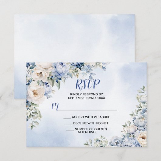 Huwelijk Stoffig Blauw Waterverf Ivoren Bloemen Bl RSVP Kaartje (Voorkant / Achterkant)