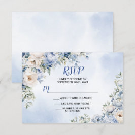 Huwelijk Stoffig Blauw Waterverf Ivoren Bloemen Bl RSVP Kaartje