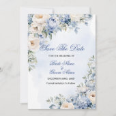 Huwelijk Stoffig Blauw Waterverf Ivoren Bloemen Bl Save The Date (Voorkant)