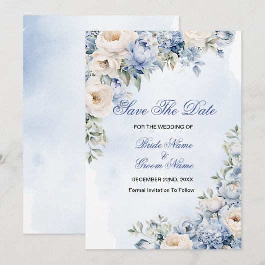 Huwelijk Stoffig Blauw Waterverf Ivoren Bloemen Bl Save The Date (Voorkant / Achterkant)