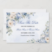 Huwelijk Stoffig Blauw Waterverf Ivoren Bloemen Bl Save The Date (Voorkant)